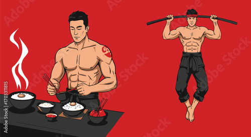 Vector art showcasing a powerful athlete's disciplined life combining intense physical training with mindful preparation of nutritious meals for peak health and performance