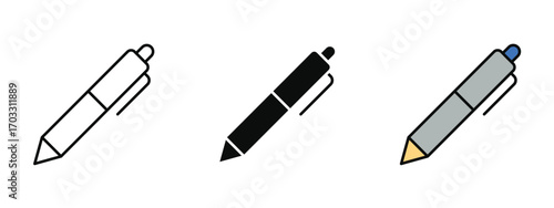 Pen icon available in line art, fill, and colored outline styles with a clean white background. Ideal for writing, editing, creativity, and office use.