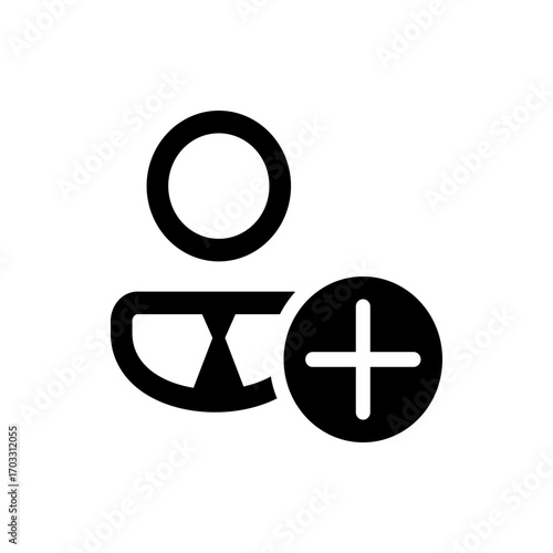 Black silhouette of a user icon with a circle for the head and a plus sign indicating add user function
