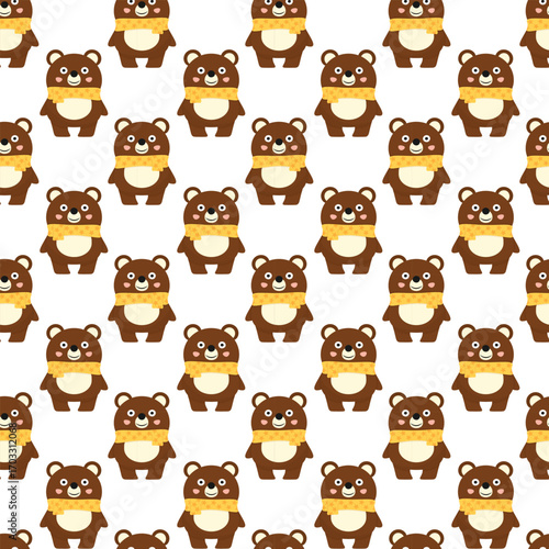 Seamless pattern with cute cartoon bear and yellow scarf in playful nursery design