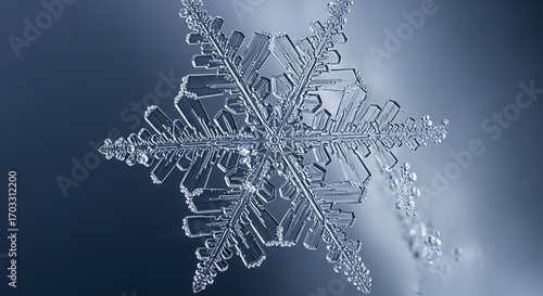 Detailed macro photograph featuring the intricate structure of a snowflake