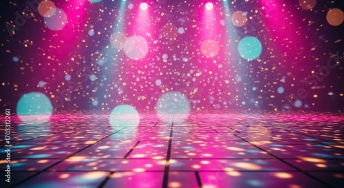 Vibrant disco dance floor with shimmering lights and bokeh effects capturing the energy of a nightclub party celebration