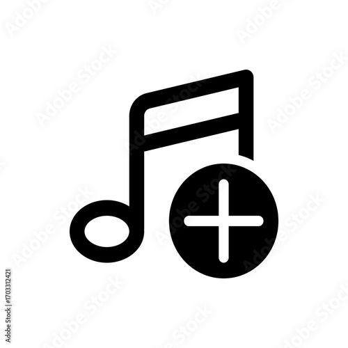 Illustration of a musical note icon with a plus symbol inside a circle next to it in black and white style