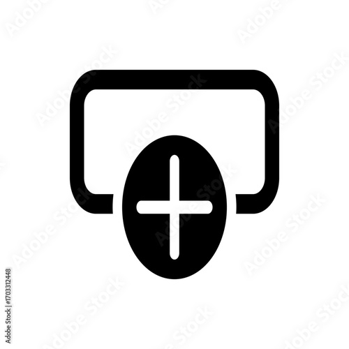 Black rounded rectangle outline with a black circle containing a white plus symbol in the center