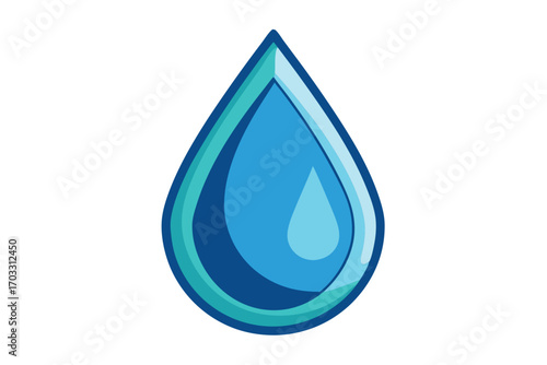 Isolated blue water droplet displays shiny gradient shading and a distinct outline against white