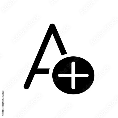 Black glyph of a with a plus sign inside a circle representing add text or increase font size option