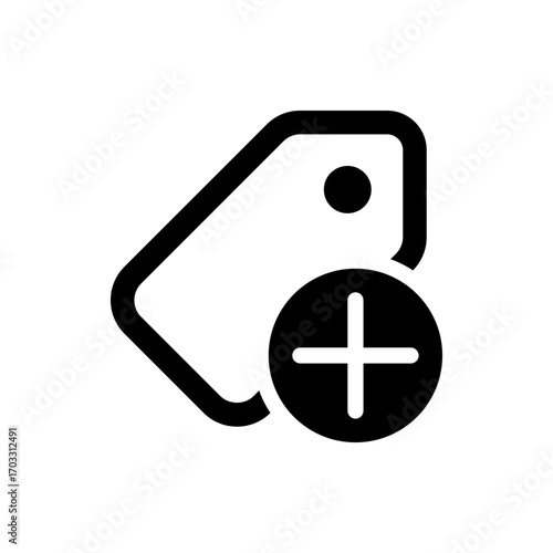 Illustration of a black price tag with a rounded plus sign and a small circle on the upper right side
