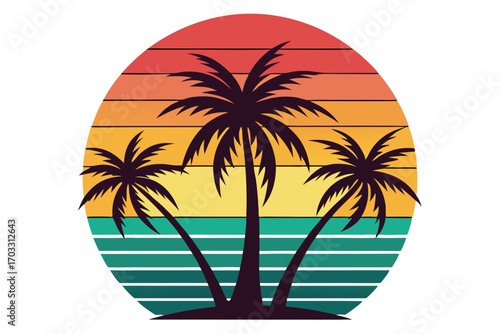 Three silhouette palm trees stand against a retro sunset on a white background