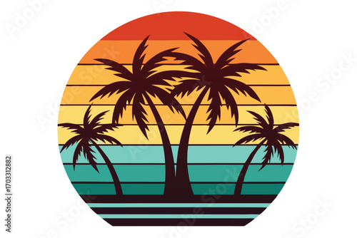 Palm silhouettes stand above teal and orange stripes in a retro beach inspired design