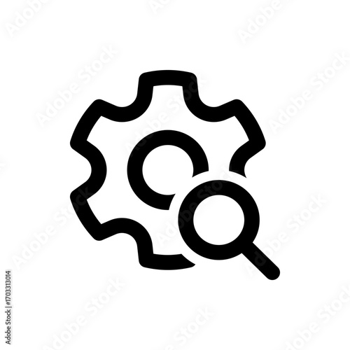 Gear mechanism icon with magnifying glass representing search functionality and system configuration options available