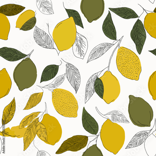Citrus Abstract Artistic Seamless hand drawn pattern with yellow lemons and green leaves in a modern botanical line art style on a white background