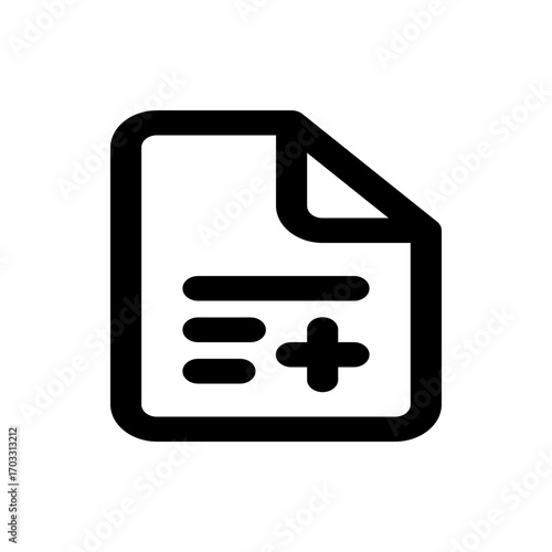 Illustration of a document icon with a folded corner and plus and minus symbols in black and white color