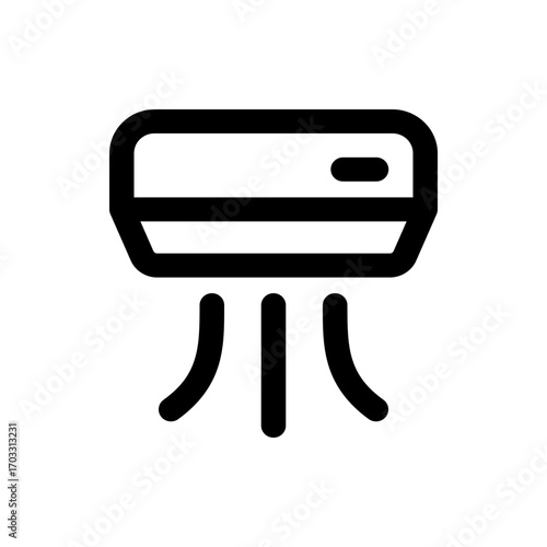 Illustration of a black and white air conditioner unit with three vertical lines below it emitting air 100