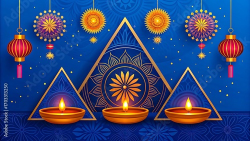 Decorative diya lamps with mandala and lanterns on blue background for festival celebration 
