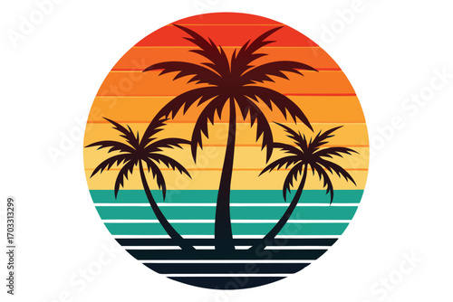 Three palm trees stand tall against a vibrant sunset sky within a circular frame