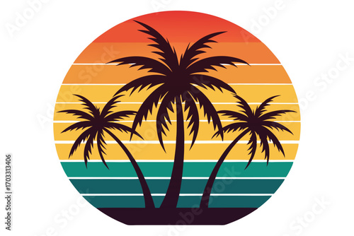 Wallpaper Mural Silhouette of three palm trees against a vibrant retro sunset provides a tropical vibe Torontodigital.ca