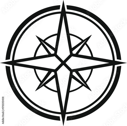 Stylized Compass Rose Emblem Design Featuring a Star Shape Surrounded by Concentric Circles Creating a Nautical or Directional Symbol