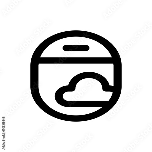 Airplane window view showing a cloud with dark outline in a simple black and white line drawing style