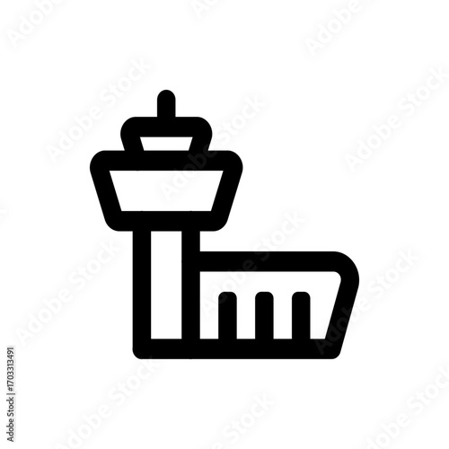 Illustration of an airport control tower with a runway and a simple black and white color scheme design style