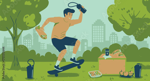 Young man enjoys a skateboarding session in a park with a picnic setup, showcasing a healthy and active lifestyle