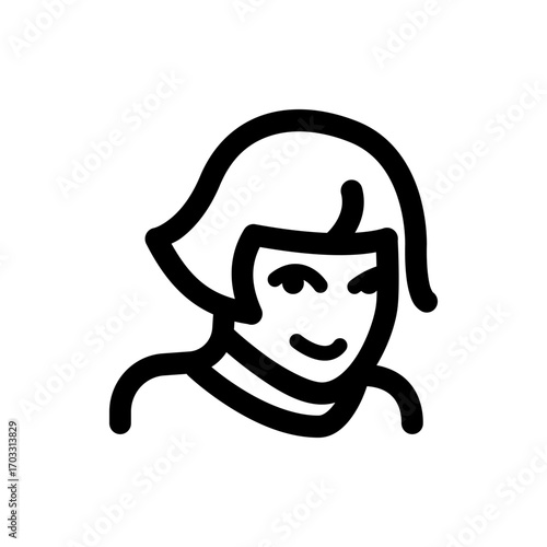 Illustration of a stylized woman with short hair, a small smile, and a simple, bold line drawing style appearance