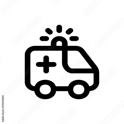 A simple black and white line drawing of an ambulance with a cross and flashing lights on top icon image