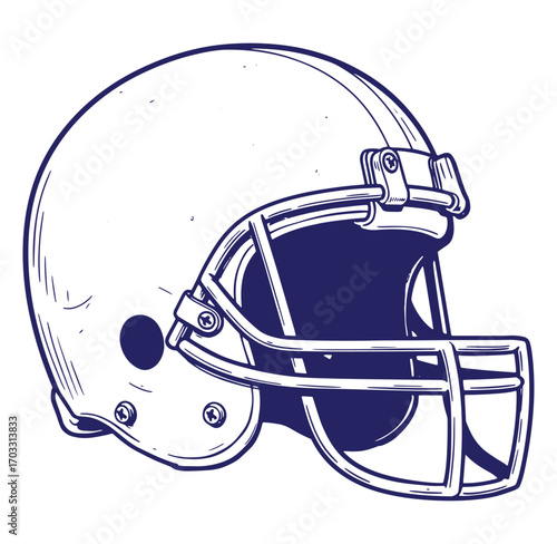 Detailed hand drawn illustration of a football helmet in blue and white colors