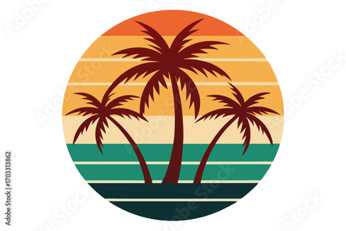 Retro sunset silhouette features a trio of palm trees against a striped background