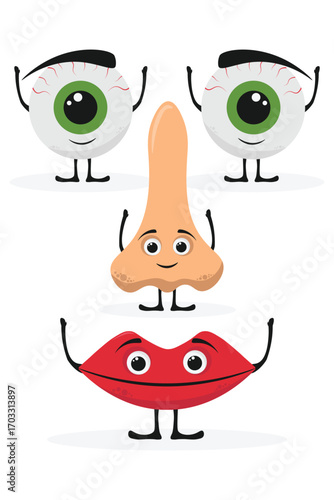 Cartoon organ characters set perfect for medical, educational. smiling eyes, nose and lips