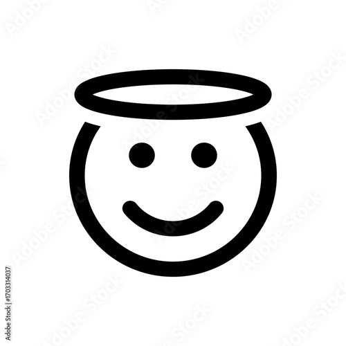 A simple black and white drawing of a smiling face with a halo above its head in a cartoon style design