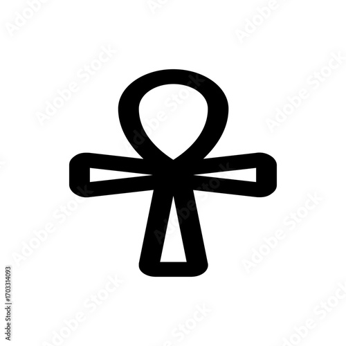 Illustration of a black ankh symbol with rounded edges and a simple design on a white background space