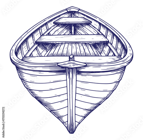Detailed hand drawn illustration of a wooden rowboat in a classic engraving style