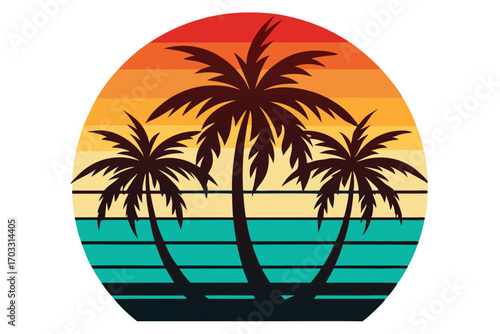 Three dark palm trees stand silhouetted against a circle with sunset and ocean stripes