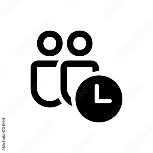 Black icon depicting two stylized figures with circular heads and a clock indicating time management