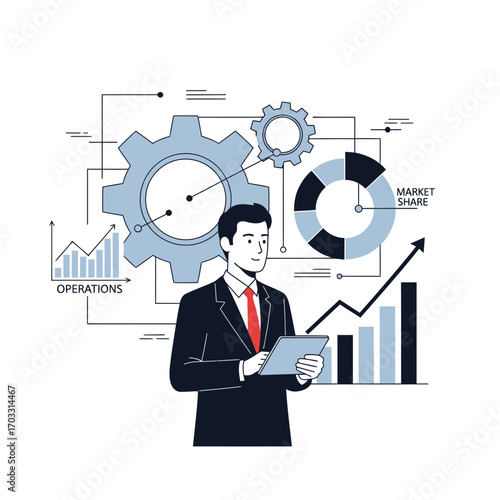 Businessman analyzing business growth with charts and gears