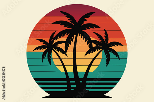 Three black palm trees stand against a vibrant sunset colored backdrop in retro style