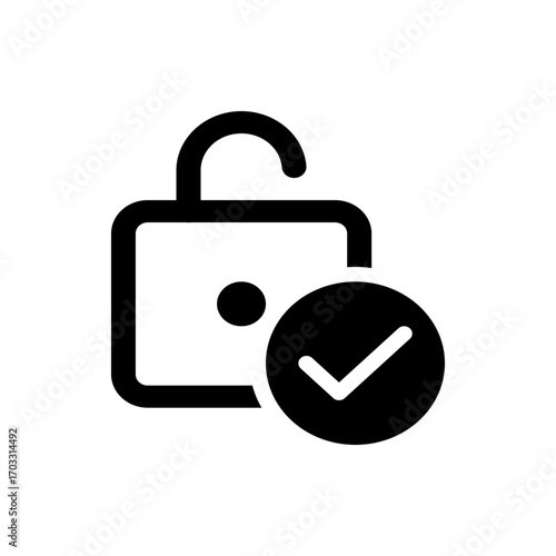 Unlocked padlock icon with a checkmark inside a circle indicating security and permission is granted here