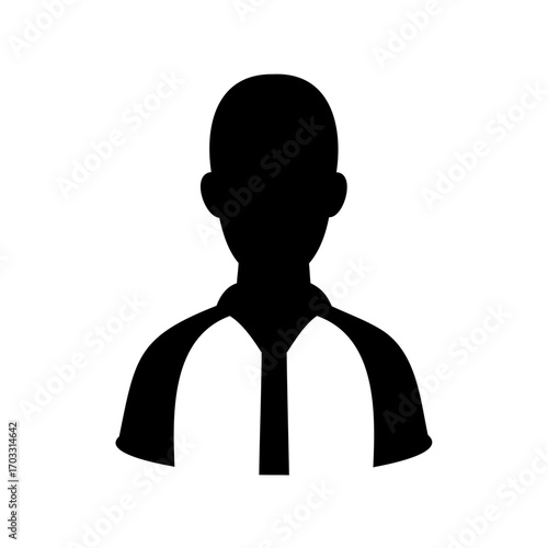 Monochrome silhouette of a person wearing a uniform with a split chest design