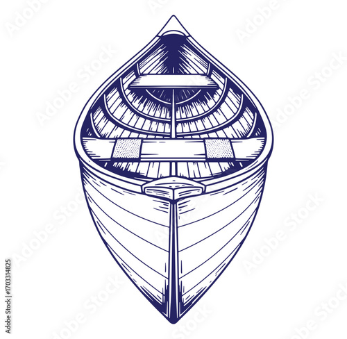 Detailed hand drawn illustration of a wooden rowboat viewed directly from the front