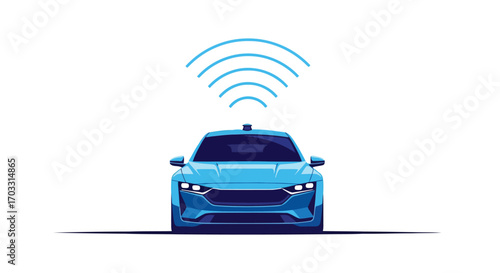 Vector illustration of blue selfdriving car with wifi signal
