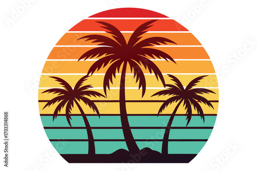 Three detailed palm trees displayed against a retro striped sunset backdrop image