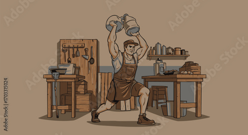 Muscular artisan trains in his workshop, embodying the fusion of strength and creativity, a testament to the powerful dedication of skilled craftsmanship
