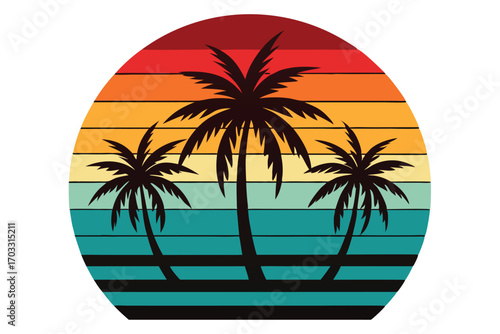 Three palm trees are silhouetted against a colorful retro sunset circle background