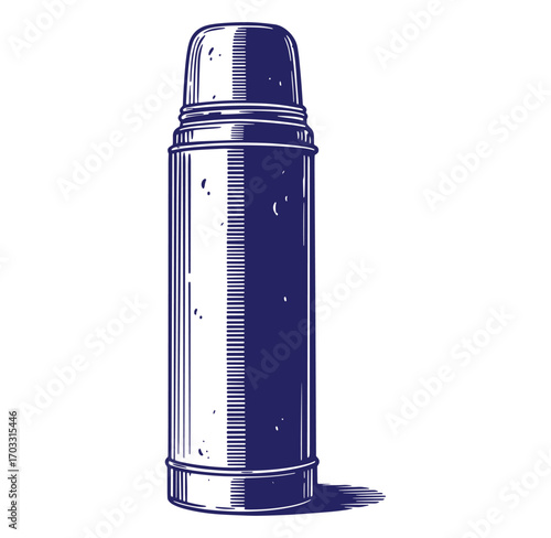Detailed illustration of a classic blue thermos with stylized lines and shadow effects
