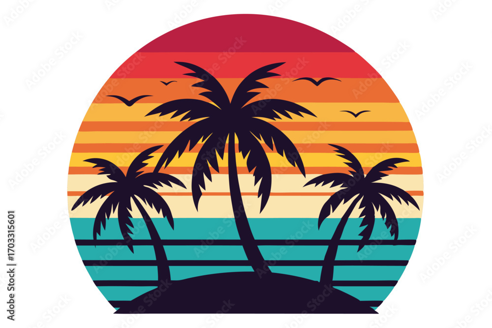 Obraz premium Retro island sunset features palm trees and flying birds within a round frame