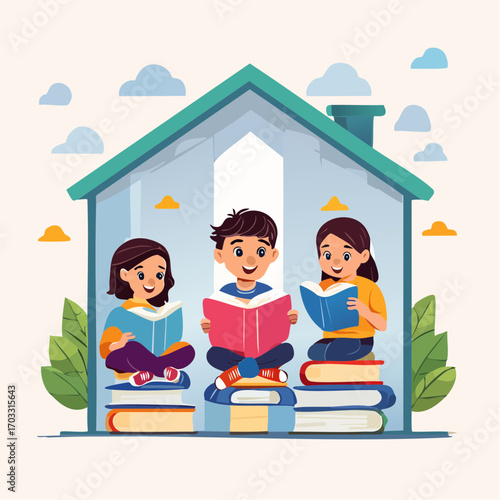 Cheerful young children immerse themselves in books, fostering a love for reading and learning within the comforting embrace of a home environment, symbolizing education and knowledge development