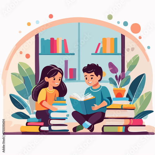 Young friends embark on a literary adventure, a charming illustration of a boy and girl sharing stories and the joy of reading together