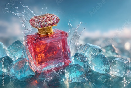 Red perfume bottle, ice, water splash