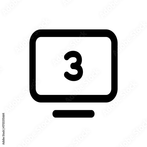 Illustration of a black monitor with rounded edges displaying the number three and a stand below it