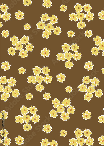Abstract solid vector textile design, arrangement with monochrome small jasmine flowers, all-over seamless pattern with orange and yellow tone color illustration, digital image printing factory